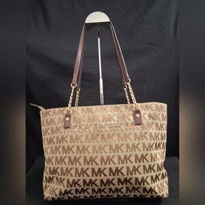 Michael Kors Gold and Brown  MK Signature Tote With Chain Accents